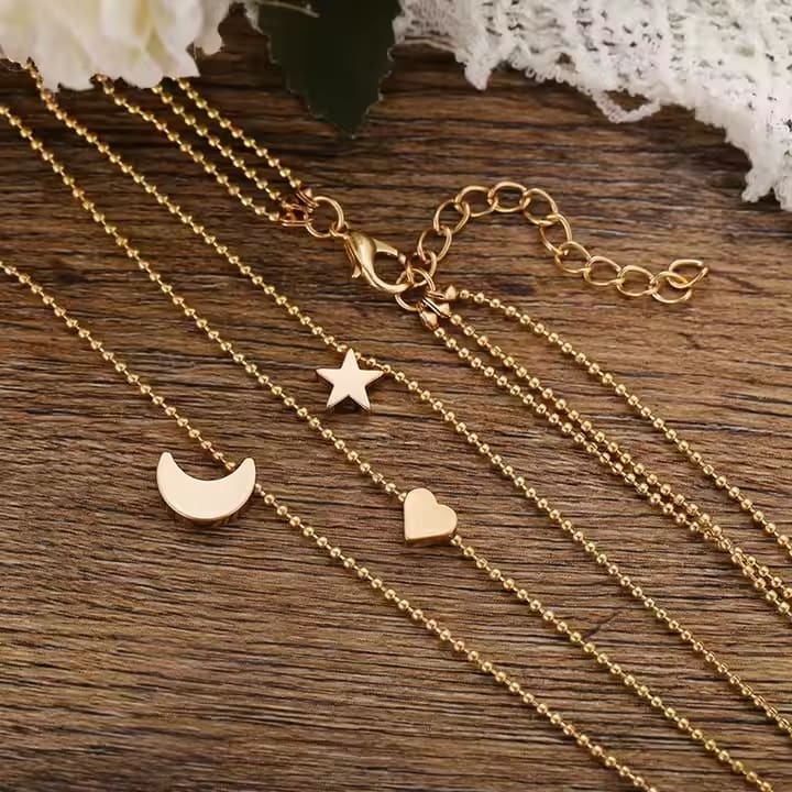 Koios Celestial Heart & Moon Star 3-Layer Gold-Plated Necklace