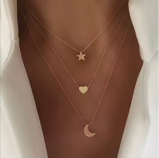 Koios Celestial Heart & Moon Star 3-Layer Gold-Plated Necklace