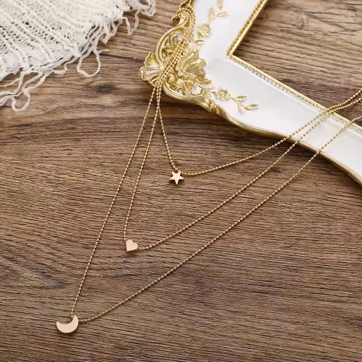 Koios Celestial Heart & Moon Star 3-Layer Gold-Plated Necklace