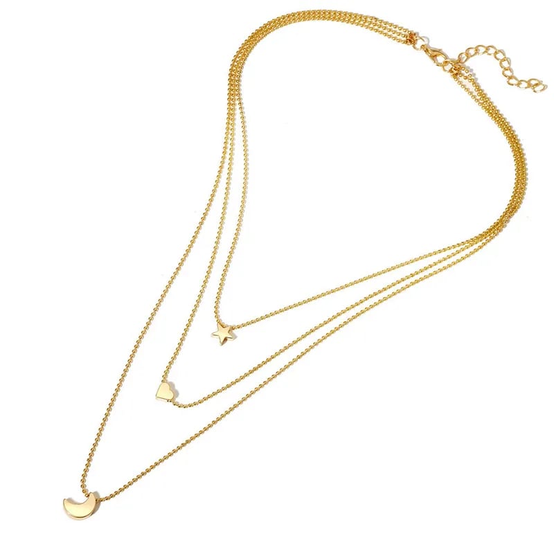 Koios Celestial Heart & Moon Star 3-Layer Gold-Plated Necklace